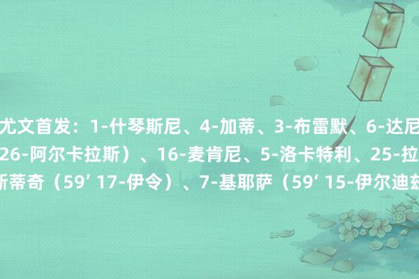 尤文首发：1-什琴斯尼、4-加蒂、3-布雷默、6-达尼洛、27-坎比亚索（75‘ 26-阿尔卡拉斯）、16-麦肯尼、5-洛卡特利、25-拉比奥特、11-科斯蒂奇（59’ 17-伊令）、7-基耶萨（59